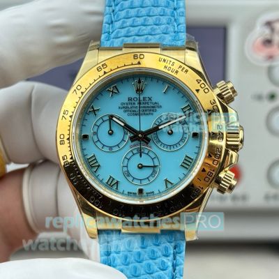 Swiss Replica Rolex Beach Daytona Baby Blue MOP Dial Leather Strap Watch 